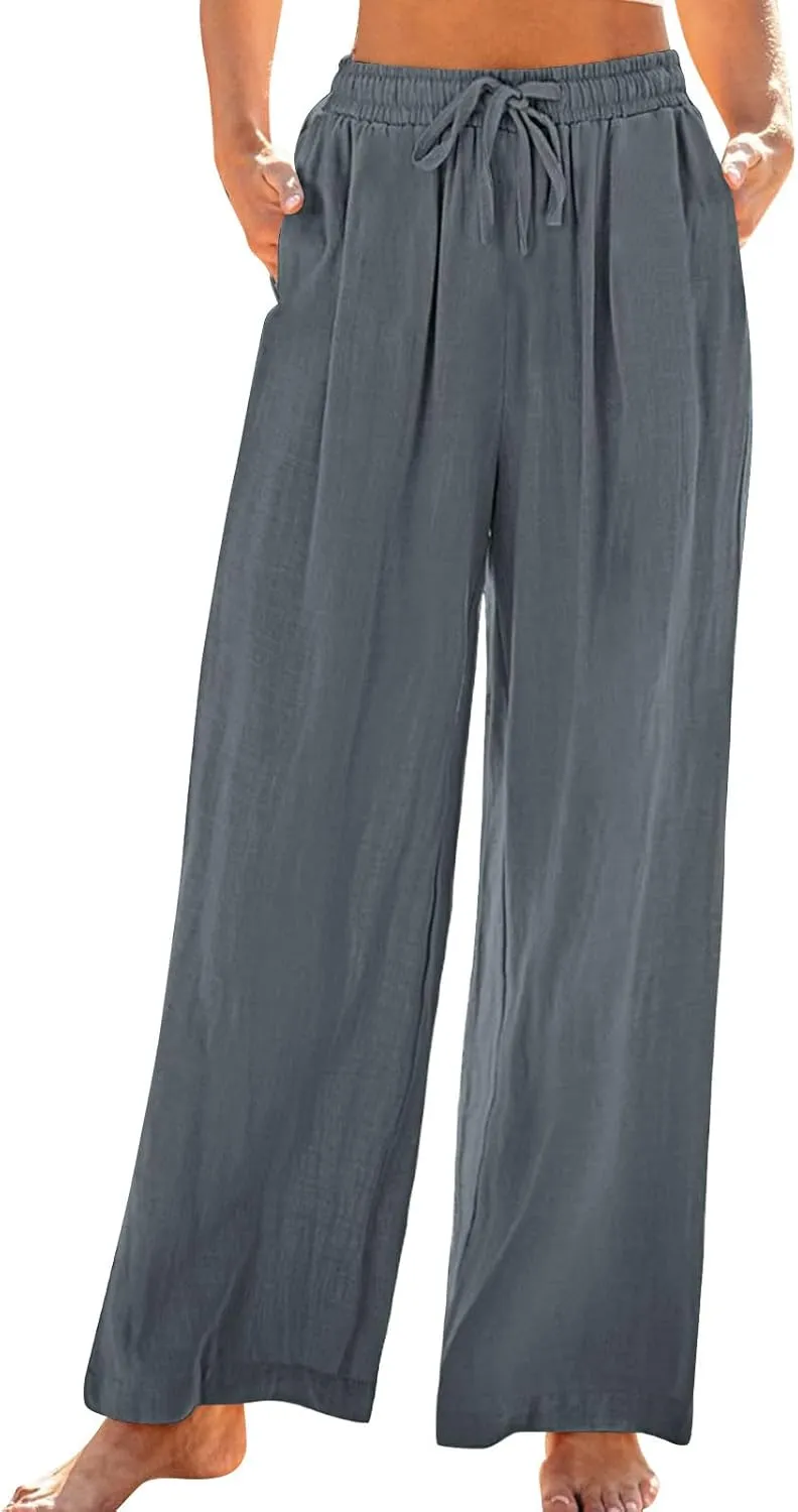 Linen Pants Women Pleated Wide Leg Pants Woman Elastic Waist Drawstring Summer Trousers Flowy Beach Vacation Outfits