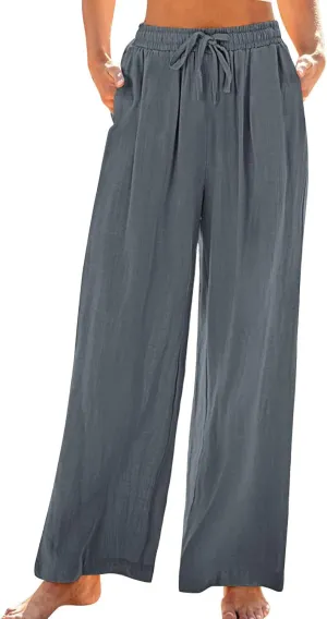 Linen Pants Women Pleated Wide Leg Pants Woman Elastic Waist Drawstring Summer Trousers Flowy Beach Vacation Outfits