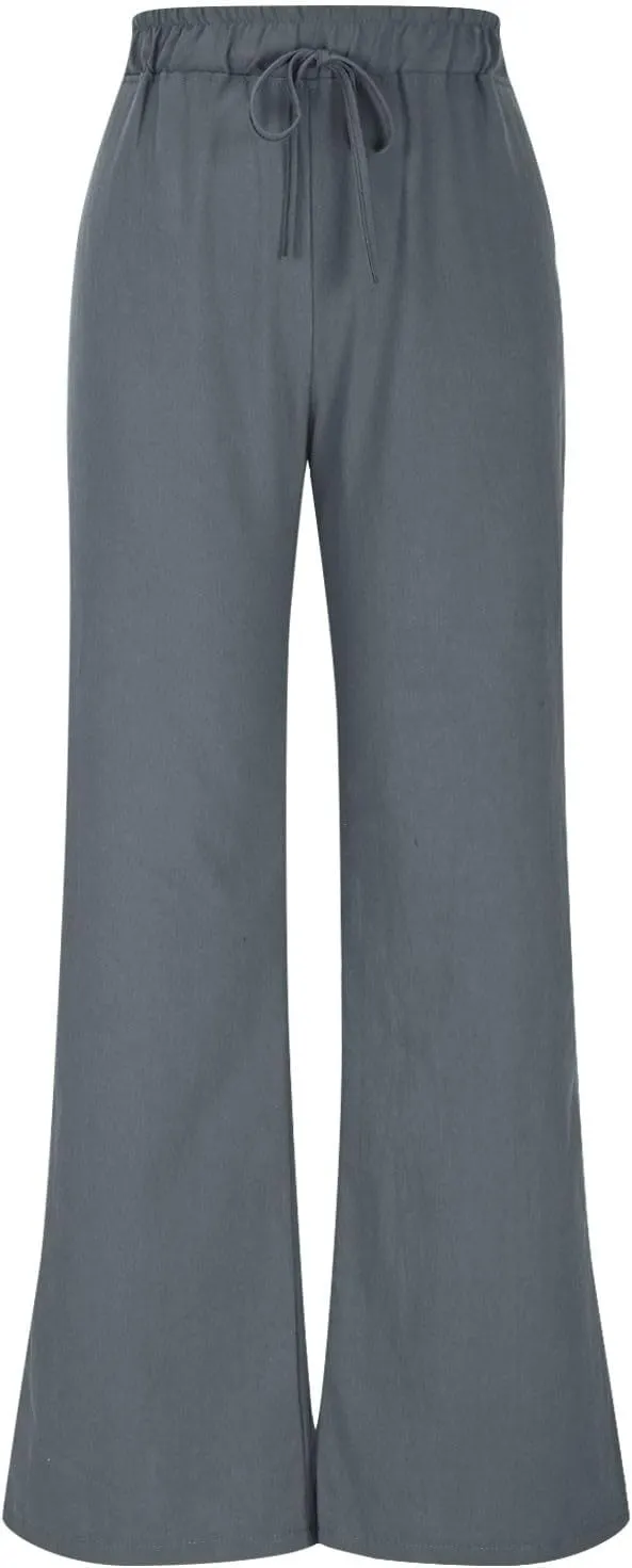 Linen Pants Women Pleated Wide Leg Pants Woman Elastic Waist Drawstring Summer Trousers Flowy Beach Vacation Outfits