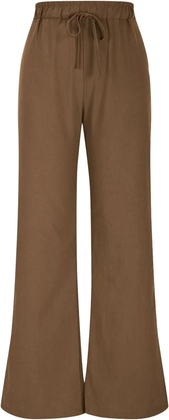 Linen Pants Women Pleated Wide Leg Pants Woman Elastic Waist Drawstring Summer Trousers Flowy Beach Vacation Outfits