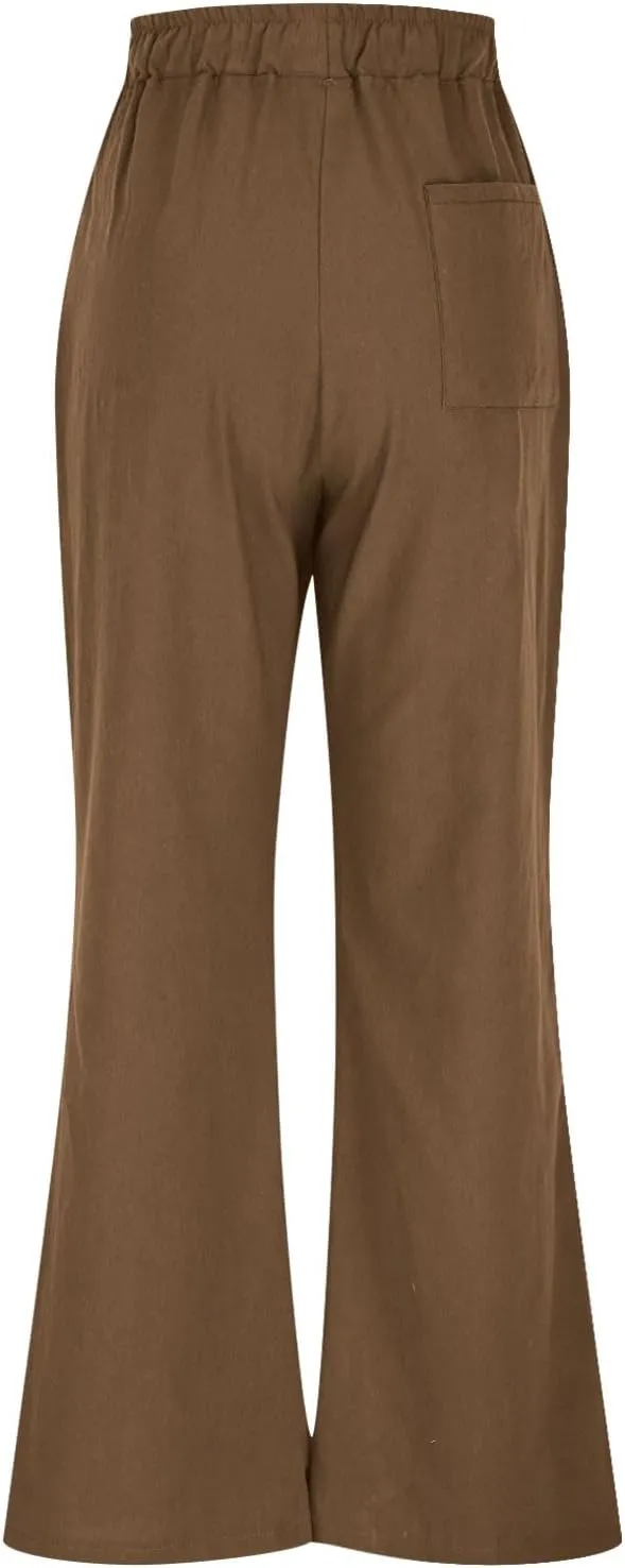 Linen Pants Women Pleated Wide Leg Pants Woman Elastic Waist Drawstring Summer Trousers Flowy Beach Vacation Outfits
