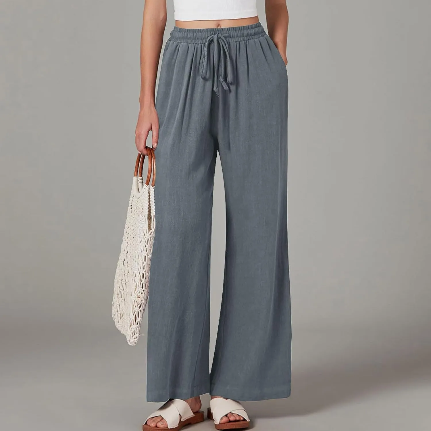 Linen Pants Women Pleated Wide Leg Pants Woman Elastic Waist Drawstring Summer Trousers Flowy Beach Vacation Outfits