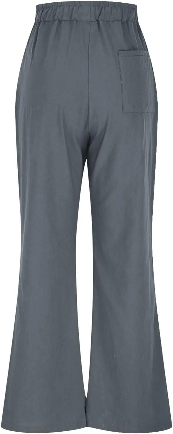 Linen Pants Women Pleated Wide Leg Pants Woman Elastic Waist Drawstring Summer Trousers Flowy Beach Vacation Outfits