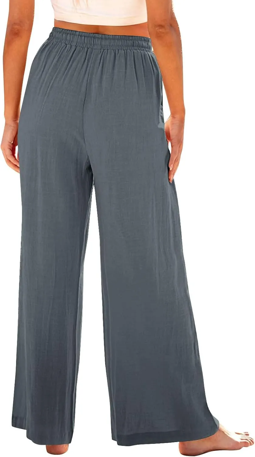 Linen Pants Women Pleated Wide Leg Pants Woman Elastic Waist Drawstring Summer Trousers Flowy Beach Vacation Outfits
