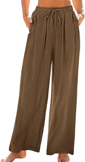 Linen Pants Women Pleated Wide Leg Pants Woman Elastic Waist Drawstring Summer Trousers Flowy Beach Vacation Outfits