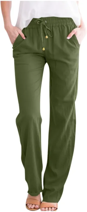 Linen Pants Women Summer Casual Straight Leg Beach Pants Baggy Drawstring High Waisted Gauze Pants with Pockets