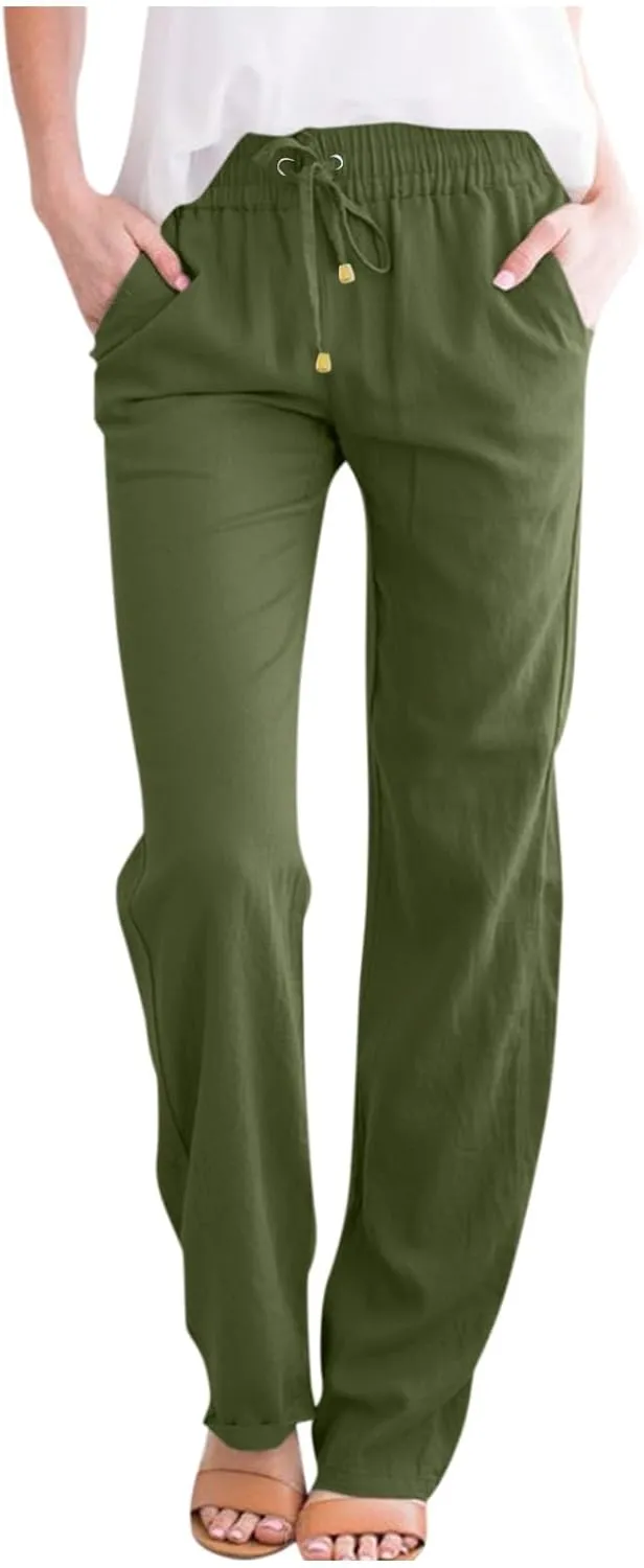 Linen Pants Women Summer Casual Straight Leg Beach Pants Baggy Drawstring High Waisted Gauze Pants with Pockets