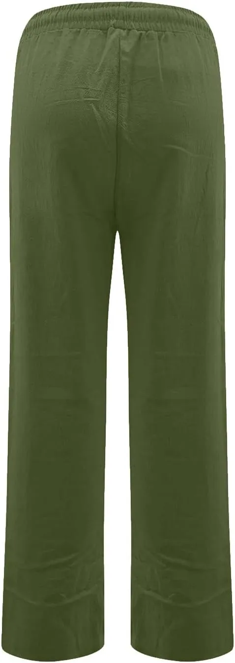 Linen Pants Women Summer Casual Straight Leg Beach Pants Baggy Drawstring High Waisted Gauze Pants with Pockets