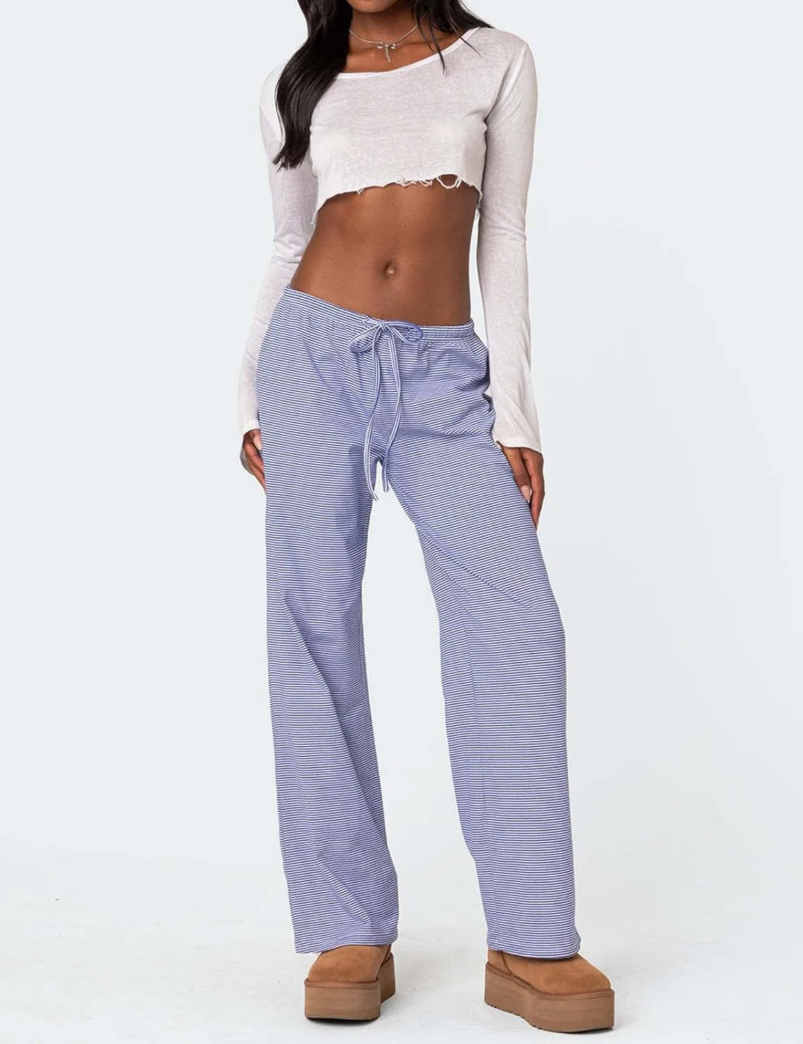 LONGBIDA Pajamas Pants For Women Sleepwear Elastic Waist Wide Leg Drawstring Casual Loose Trousers with Pockets
