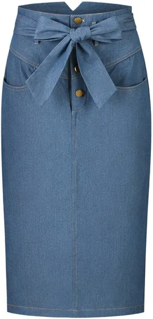 MBETA Women's Fashion Denim Skirt Button Zipper high Waist Slim Pencil Skirt with Pocket midi Skirt (S-XXL), Light Blue