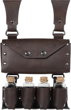 Medieval Alchemy Faux Leather Belt Bag with 4 Cork Portion Vials, Fantasy Wizard Fanny Pack, Viking Waist Bag Renaissance Side Pack for Ren Faire Accessories