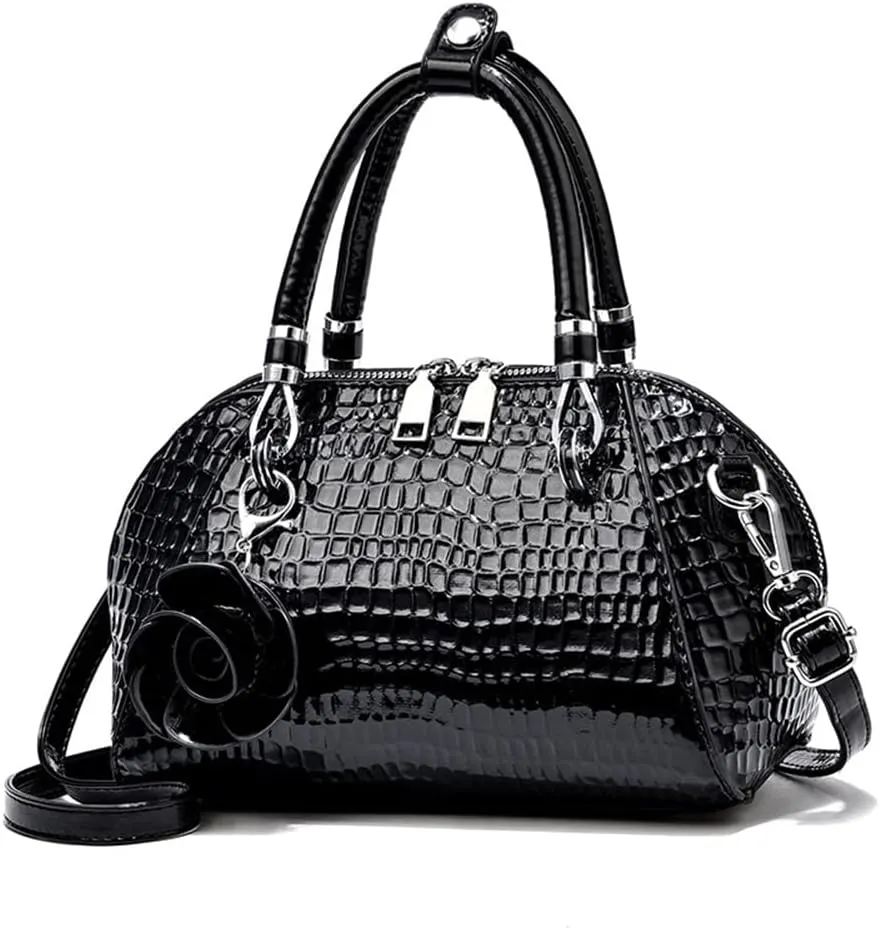 Medium Leather Satchel Handbags for Women - Retro Top Handle Crossbody Tote Purses with Zipper (Black)