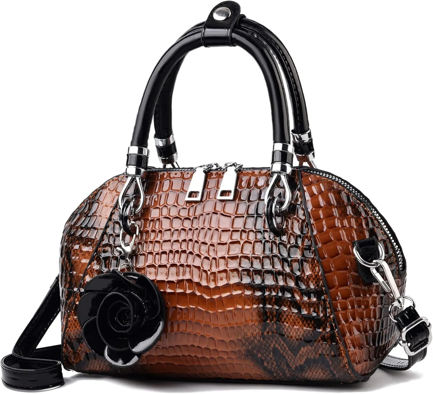 Medium Leather Satchel Handbags for Women - Retro Top Handle Crossbody Tote Purses with Zipper (Black)