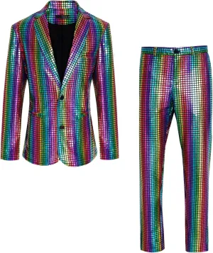 Men's 70s Disco Outfit Rainbow Suit Sequin Jacket and Pants Halloween Party Costume