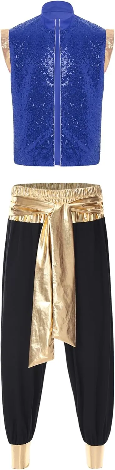Men's Arabian Costume Shiny Sequin Open Front Waistcoat Harem Pants 2 Pcs Set Cosplay Outfits