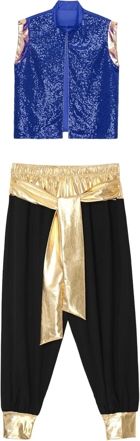 Men's Arabian Costume Shiny Sequin Open Front Waistcoat Harem Pants 2 Pcs Set Cosplay Outfits
