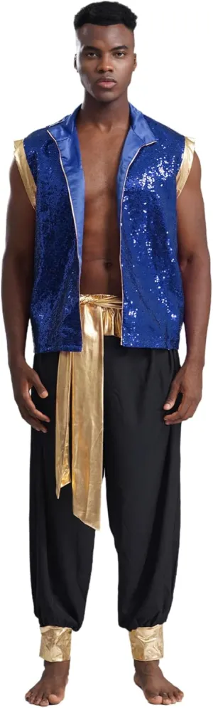 Men's Arabian Costume Shiny Sequin Open Front Waistcoat Harem Pants 2 Pcs Set Cosplay Outfits