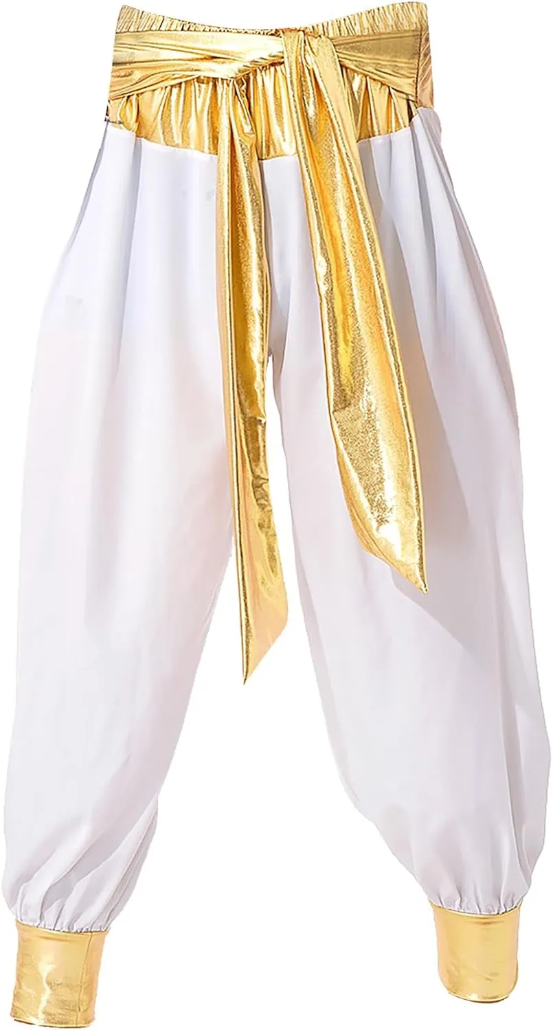 Mens Arabian Prince Costume Cosplay Street Rat Halloween Outfit Sleeveless Satin Vest Waistcoat with Harem Pants