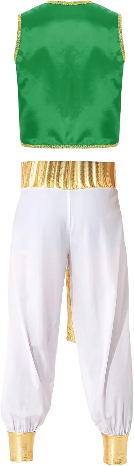 Mens Arabian Prince Costume Cosplay Street Rat Halloween Outfit Sleeveless Satin Vest Waistcoat with Harem Pants