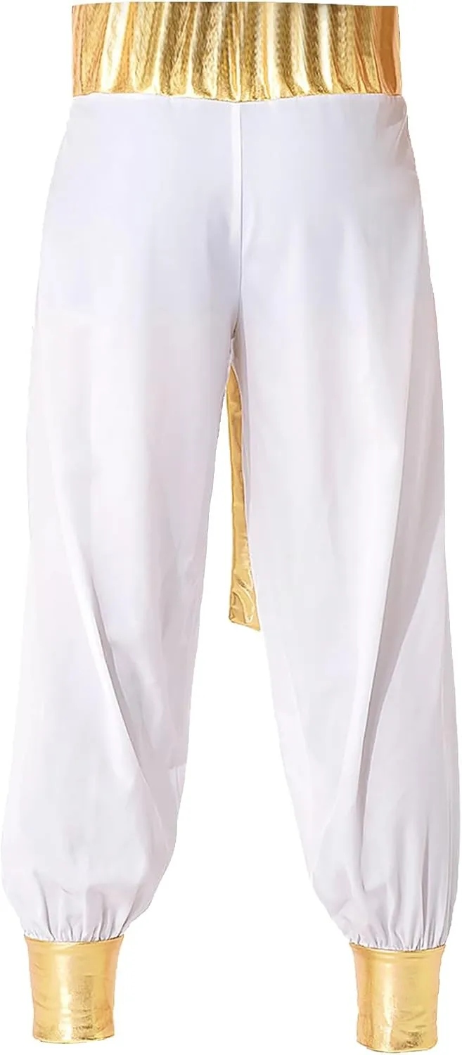 Mens Arabian Prince Costume Cosplay Street Rat Halloween Outfit Sleeveless Satin Vest Waistcoat with Harem Pants