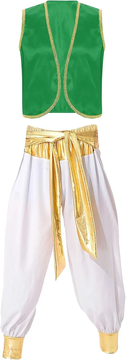 Mens Arabian Prince Costume Cosplay Street Rat Halloween Outfit Sleeveless Satin Vest Waistcoat with Harem Pants