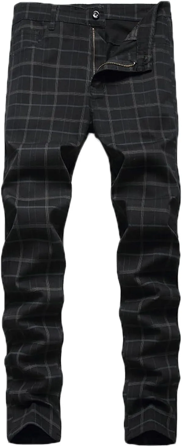 Mens Casual Plaid Chino Pants Fashion Lightweight Flat-Front Stretch Skinny Slim Fit Business Dress Pants