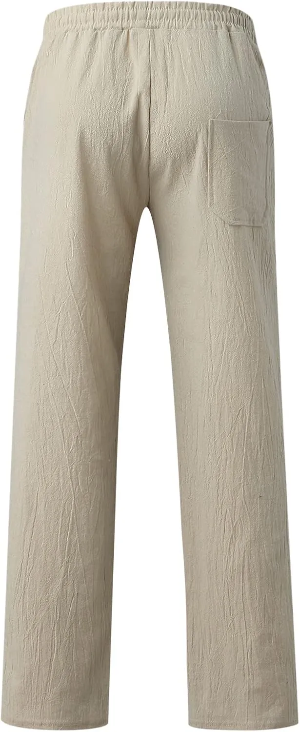 Mens Cotton Linen Casual Pants Drawstrings Elastic Waist Jogging Yoga Slacks for Men 2024 Ropa para Playa Hombre