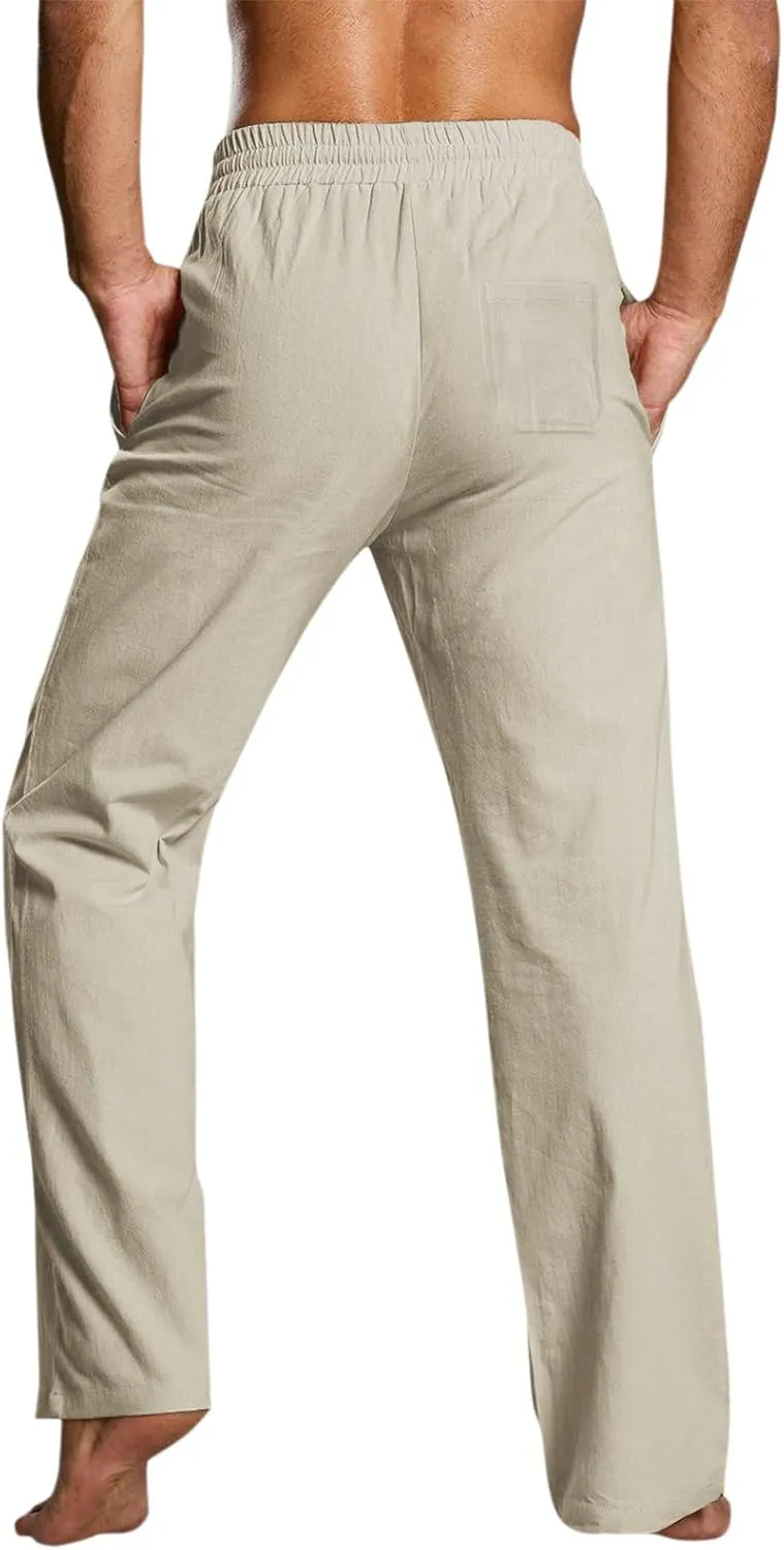 Mens Cotton Linen Casual Pants Drawstrings Elastic Waist Jogging Yoga Slacks for Men 2024 Ropa para Playa Hombre