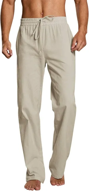 Mens Cotton Linen Casual Pants Drawstrings Elastic Waist Jogging Yoga Slacks for Men 2024 Ropa para Playa Hombre