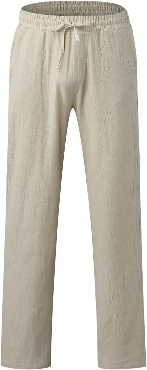 Mens Cotton Linen Casual Pants Drawstrings Elastic Waist Jogging Yoga Slacks for Men 2024 Ropa para Playa Hombre