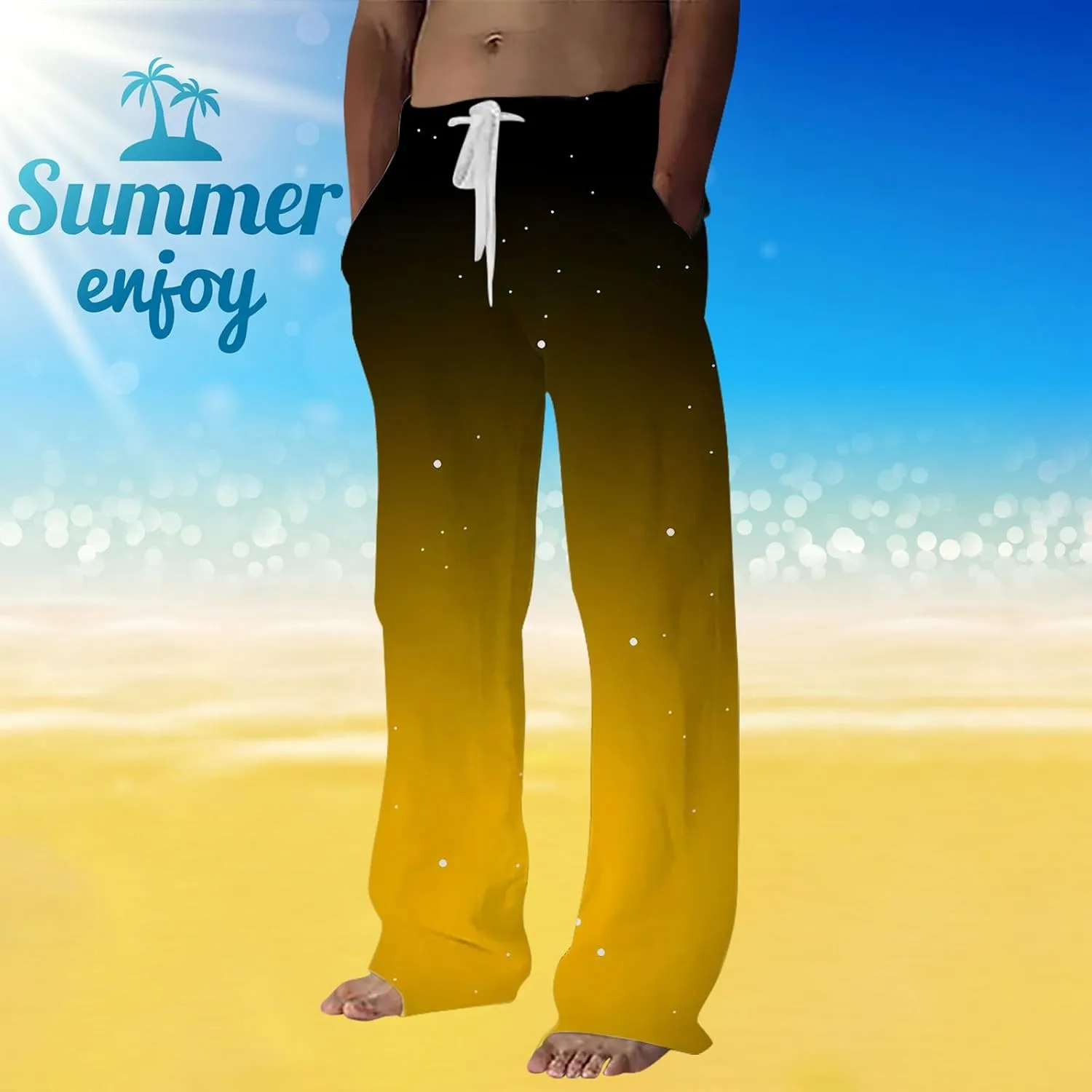 Mens Linen Pants Summer Casual Beach Yoga Pants Elastic Wasist Drawstring Lightweight Loose Trousers with Pockets