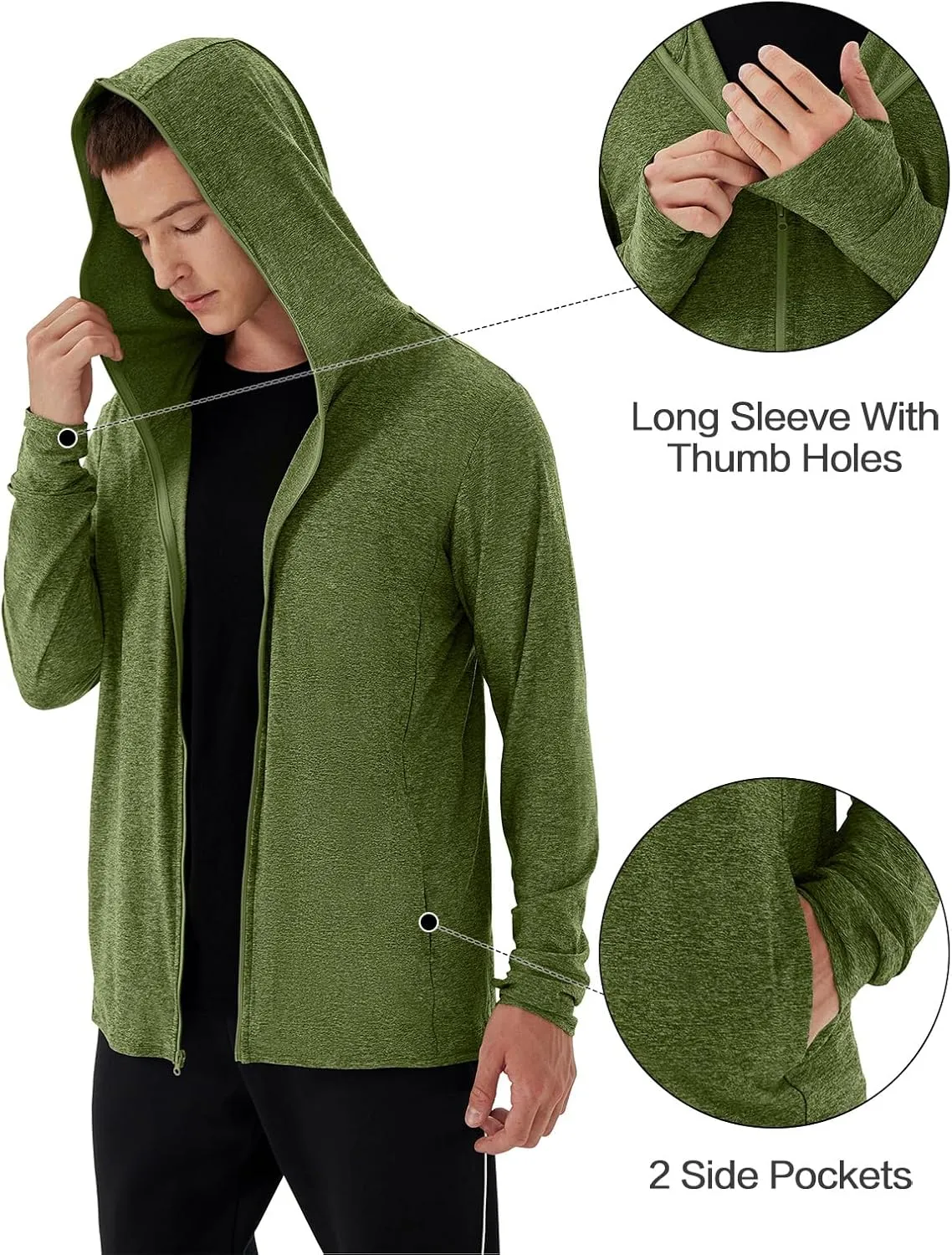 Mens UPF 50  UV Full Zip Sun Protection Hoodie Jacket With Thumb holes Cooling Lightweight Fishing Hiking Cooling Shirts men