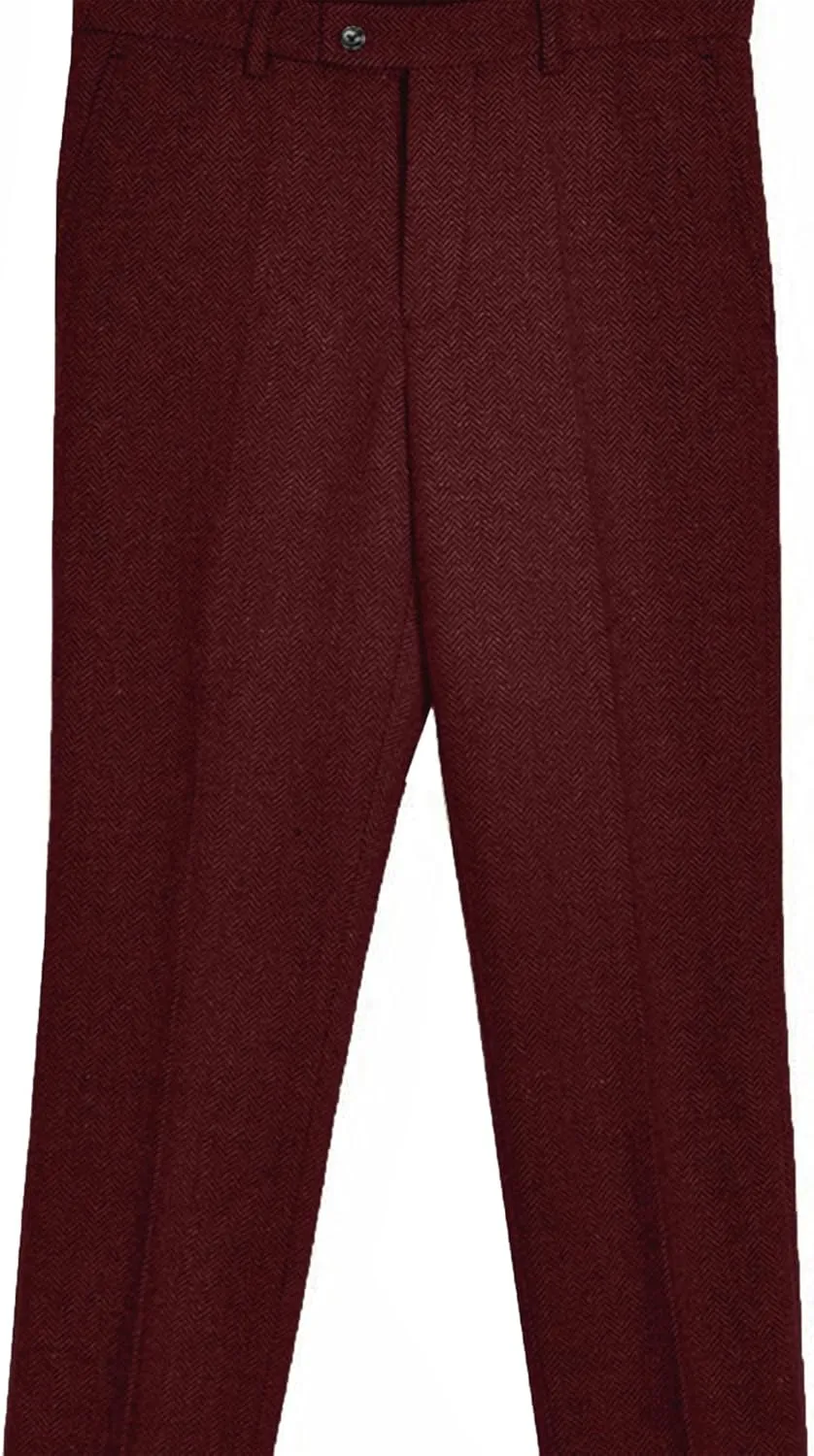 Men's Vintage Herringbone Tweed Suit Pants Slim Fit Thick Wool Flat Front Dress Trousers
