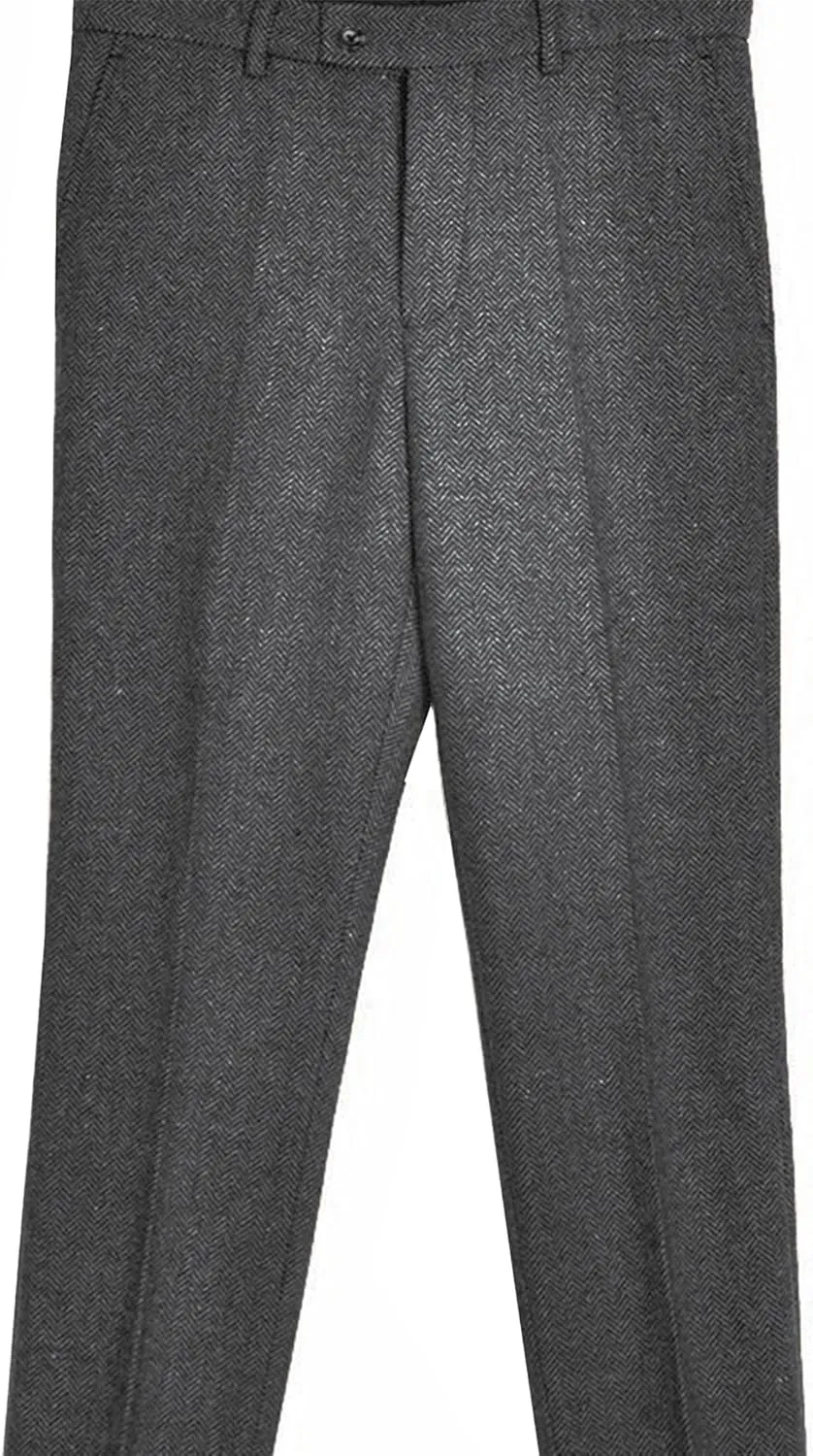 Men's Vintage Herringbone Tweed Suit Pants Slim Fit Thick Wool Flat Front Dress Trousers