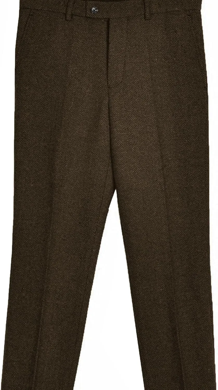 Men's Vintage Herringbone Tweed Suit Pants Slim Fit Thick Wool Flat Front Dress Trousers
