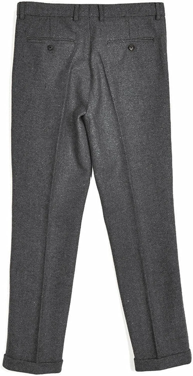 Men's Vintage Herringbone Tweed Suit Pants Slim Fit Thick Wool Flat Front Dress Trousers