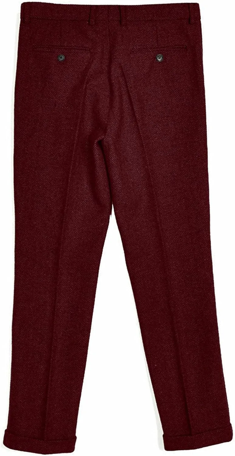 Men's Vintage Herringbone Tweed Suit Pants Slim Fit Thick Wool Flat Front Dress Trousers