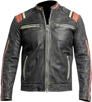 Mens Vintage Retro Motorcycle Black Biker Leather Jacket With Striped Sleeves