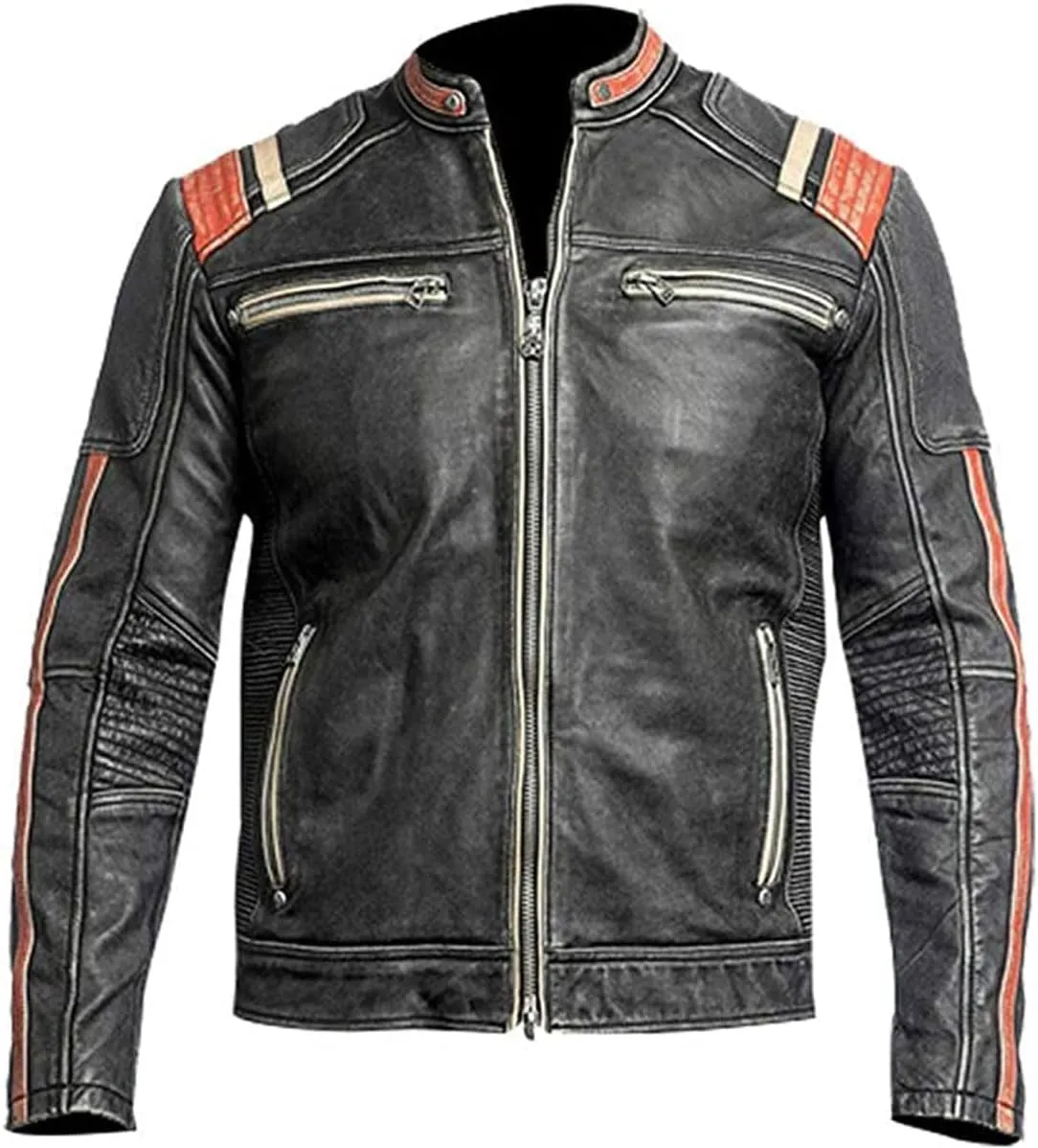 Mens Vintage Retro Motorcycle Black Biker Leather Jacket With Striped Sleeves