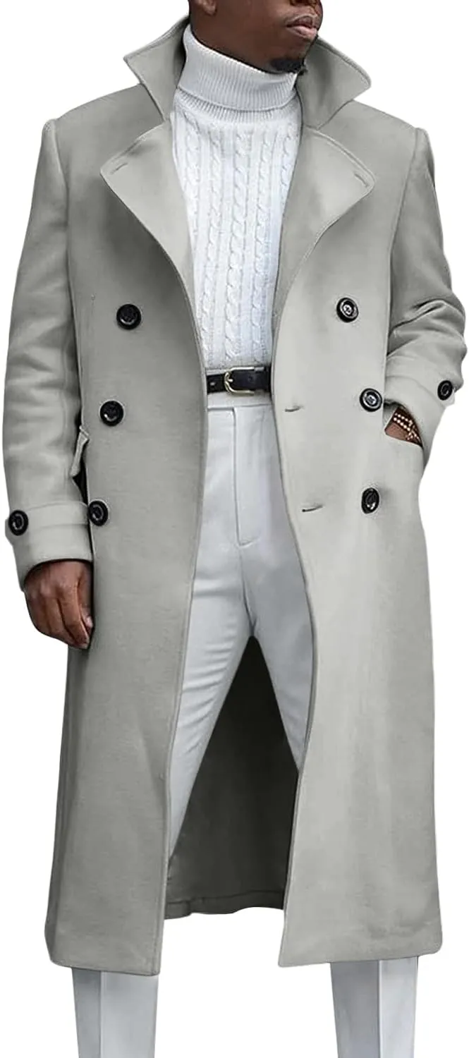 MNCEGEER Men's Trench Coat Notch Lapel Double Breasted Casual Cotton Blend Peacoat