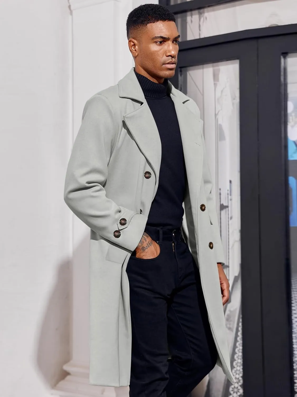MNCEGEER Men's Trench Coat Notch Lapel Double Breasted Casual Cotton Blend Peacoat