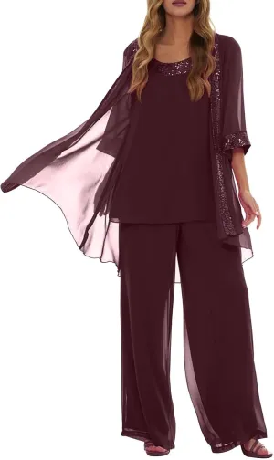Mother of Bride Pant Suits 3Pcs Chiffon Sequins Wedding Pant Suits for Women Dressy Wedding with Jacket