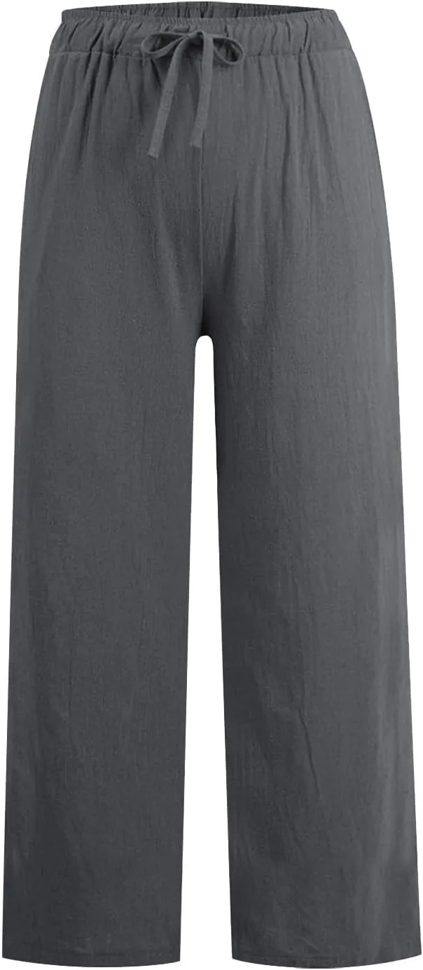 MRGIINRI Womens Cotton Linen Pants 2024 Summer Wide Leg Casual Loose Drawstring High Waist Palazzo Pants Trousers with Pocket