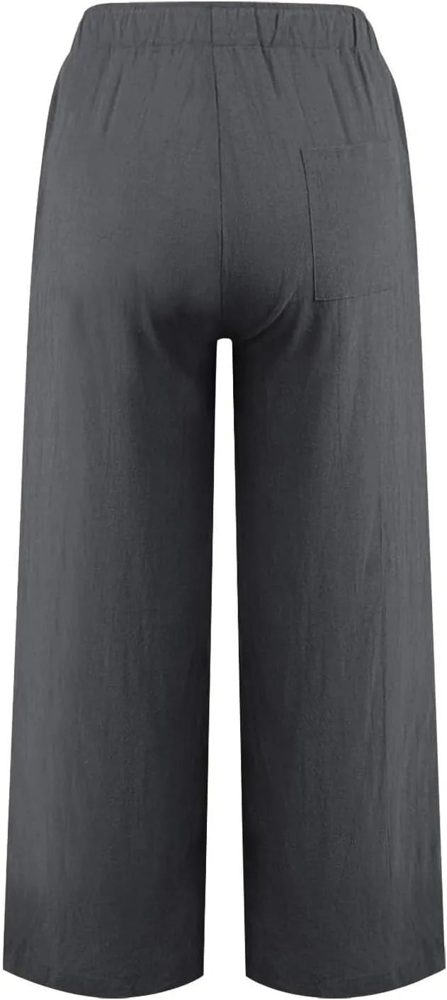 MRGIINRI Womens Cotton Linen Pants 2024 Summer Wide Leg Casual Loose Drawstring High Waist Palazzo Pants Trousers with Pocket