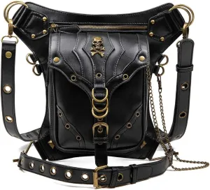 Multi-Purpose Leather Waist Skull Shoulder Bag Retro Rock Gothic Goth Motorcycle Lady Bag Women Vintage Gothic, One Color, One Size