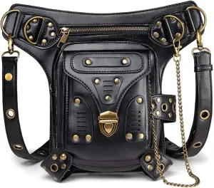 Multi-Purpose PU Leather Shoulder Bag Fanny Pack Fashion Gothic Leather Women Vintage Gothic Steampunk Leg Bag, One Color, One Size