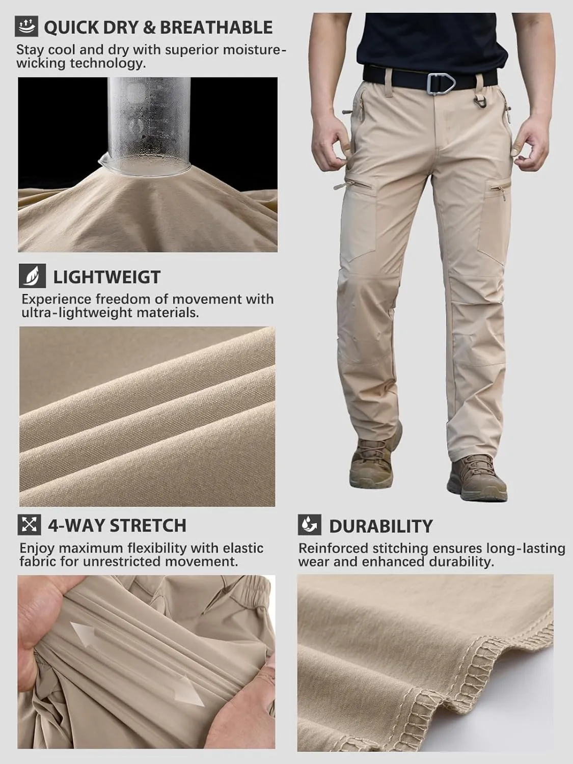 NAVEKULL Men's Lightweight Hiking Pants Quick Dry Stretch Fishing Tactical Work Pants with Zipper Pockets