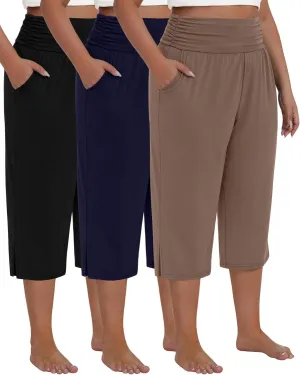 Neer 3 Pack Women's Plus Size Cotton Capri Pants High Waisted Wide Leg Loose Lounge Yoga Cropped Sweatpants with Pockets