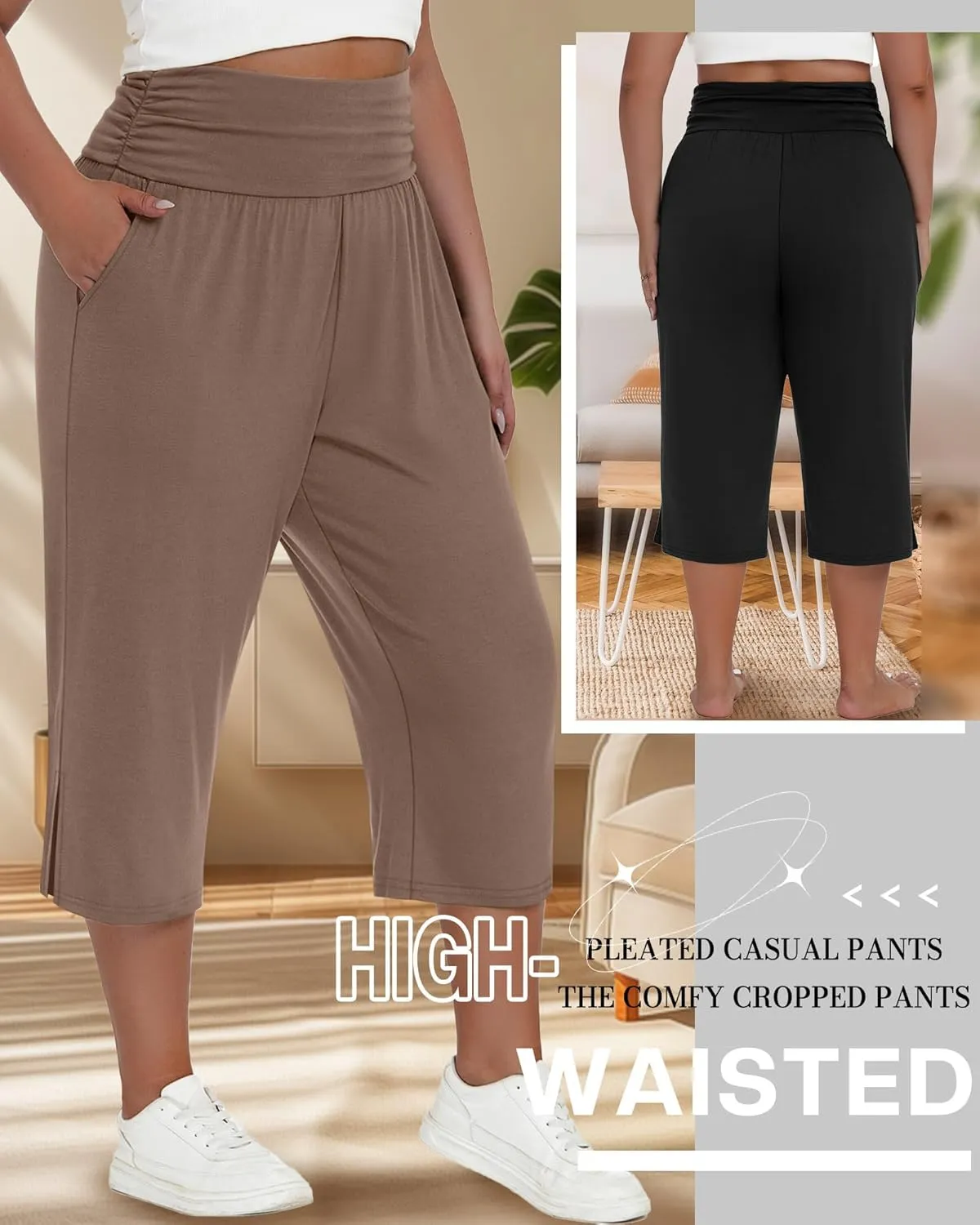 Neer 3 Pack Women's Plus Size Cotton Capri Pants High Waisted Wide Leg Loose Lounge Yoga Cropped Sweatpants with Pockets