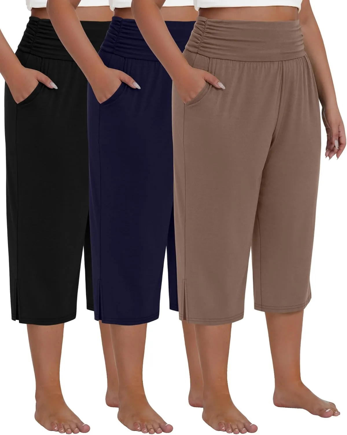 Neer 3 Pack Women's Plus Size Cotton Capri Pants High Waisted Wide Leg Loose Lounge Yoga Cropped Sweatpants with Pockets
